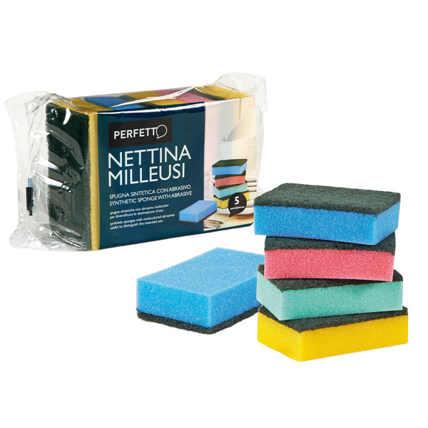 PERFETTO - 0246C - Spugna nettina Milleusi - 11x6,5x3 cm - doppio strato - colori assortiti - Perfetto - conf. 5 pezzi