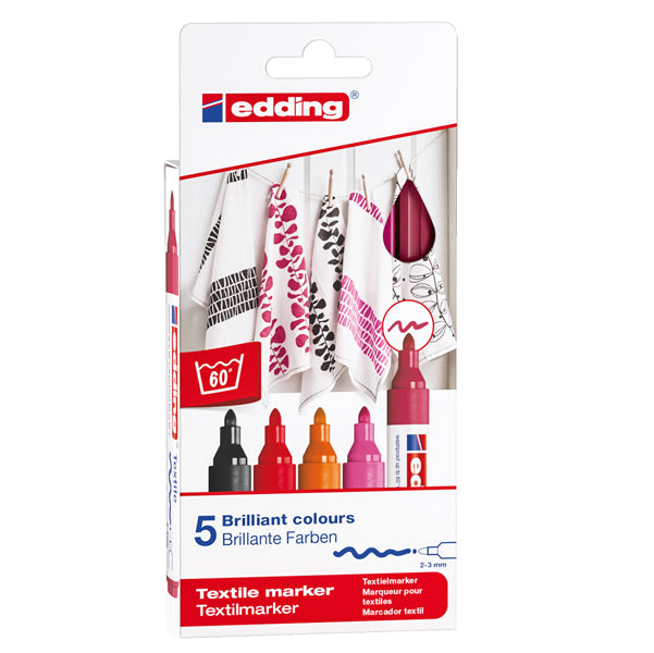 EDDING - E-4500-5S-999 - Marcatori per tessuto 4500 - punta tonda 2 - 3 mm - colori assortiti caldi - Edding - astuccio 5 pezzi