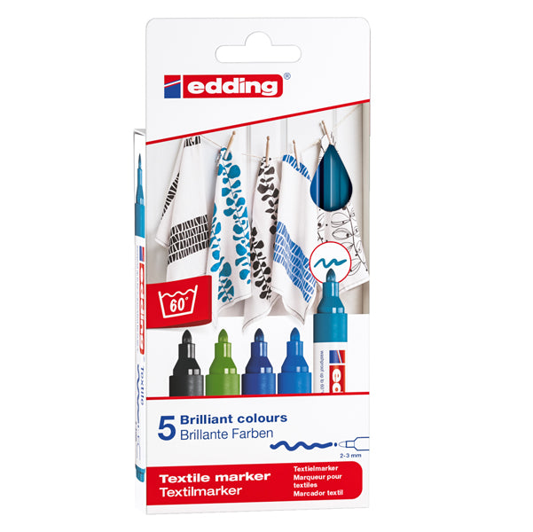 EDDING - E-4500-5S-099 - Marcatori per tessuto 4500 - punta tonda 2 - 3 mm - colori assortiti freddi - Edding - astuccio 5 pezzi