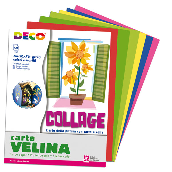DECO - 09382 - Carta velina - 50 x 76 cm - 10 colori assortiti - Deco - busta 50 fogli