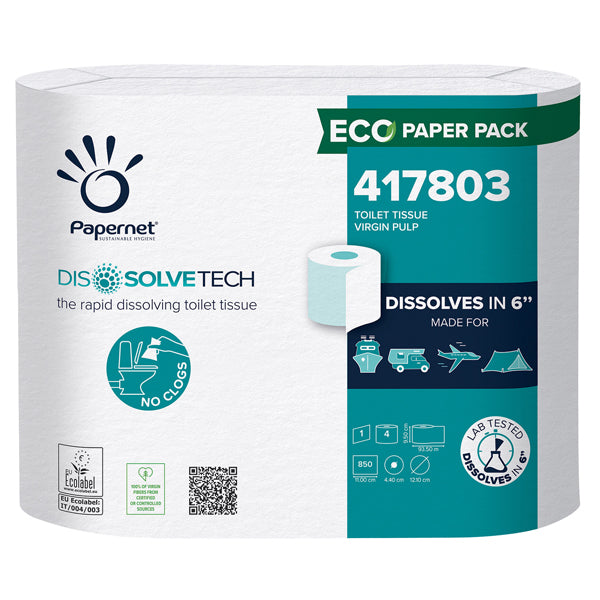 PAPERNET - 417803 - Carta igienica DissolveTech - 9,5 cm x 94 mt - diametro 12,1 cm - 850 strappi - Papernet - pacco 4 rotoli