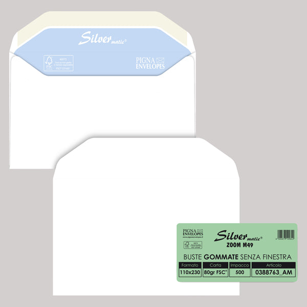 PIGNA - 0388763AM - Busta Silver Matic FSC - senza finestra - gommata - 11 x 23 cm - 80 gr - bianco - Pigna - conf. 500 pezzi