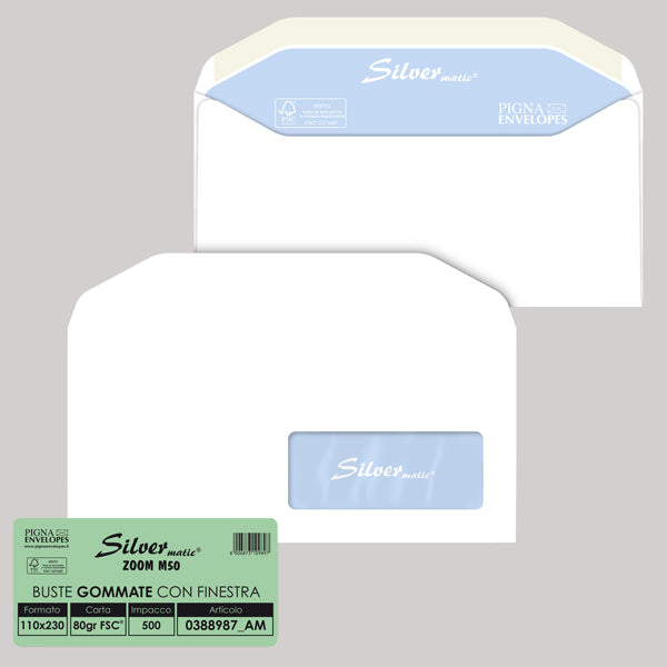 PIGNA - 0388987AM - Busta Silver Matic Lux FSC - con finestra - gommata - 11 x 23 cm - 80 gr - bianco - Pigna - conf. 500 pezzi