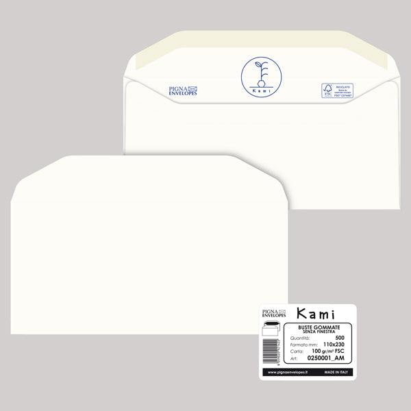 PIGNA - 0250001AM - Busta Kami Gommata - senza finestra - 11 x 23 cm - 100 gr - carta riciclata FSC - bianco - Pigna - conf. 500 pezzi