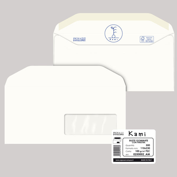 PIGNA - 0250002AM - Busta Kami Gommata - con finestra - 11 x 23 cm - 100 gr - carta riciclata FSC - bianco - Pigna - conf. 500 pezzi