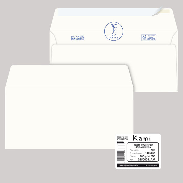 PIGNA - 0250003AM - Busta a sacco Kami Strip - senza finestra - 11 x 23 cm - 100 gr - carta riciclata FSC - bianco - Pigna - conf. 500 pezzi