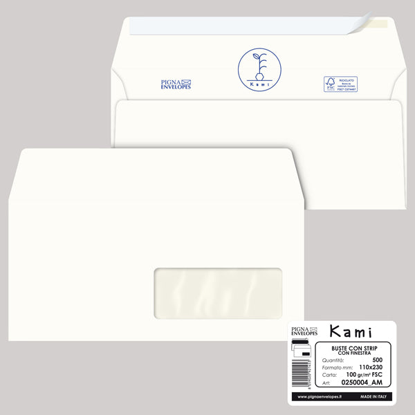 PIGNA - 0250004AM - Busta a sacco Kami Strip - con finestra - 11 x 23 cm - 100 gr - carta riciclata FSC - bianco - Pigna - conf. 500 pezzi