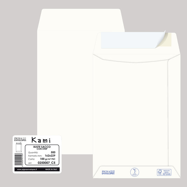 PIGNA - 0250007C5 - Busta a sacco Kami Strip - 16,2 x 22,9 cm - 100 gr - carta riciclata FSC - bianco - Pigna - conf. 500 pezzi