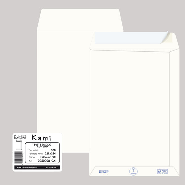 PIGNA - 0250008C4 - Busta a sacco Kami Strip - 22,9 x 32,4 cm cm - 100 gr - carta riciclata FSC - bianco - Pigna - conf. 500 pezzi