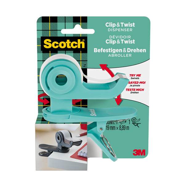 SCOTCH - 7100211976 - Dispenser Clip Twist per nastro adesivo Magic - rotolo incluso da 1,9 cm x 9,8 m - grigio - Scotch