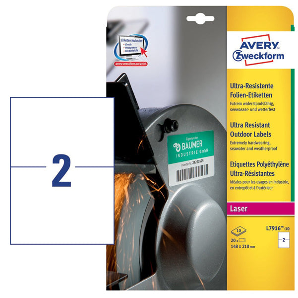AVERY - L7916-10 - Etichette protezione e sicurezza - per stampati laser - 210 x 148 mm - 2 et-fg - 10 fogli - polietilene - bianco - Avery
