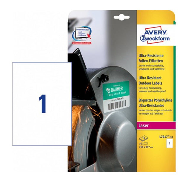 AVERY - L7917-10 - Etichette protezione e sicurezza - per stampati laser - 210 x 297 mm - 1 et-fg - 10 fogli - polietilene - bianco - Avery