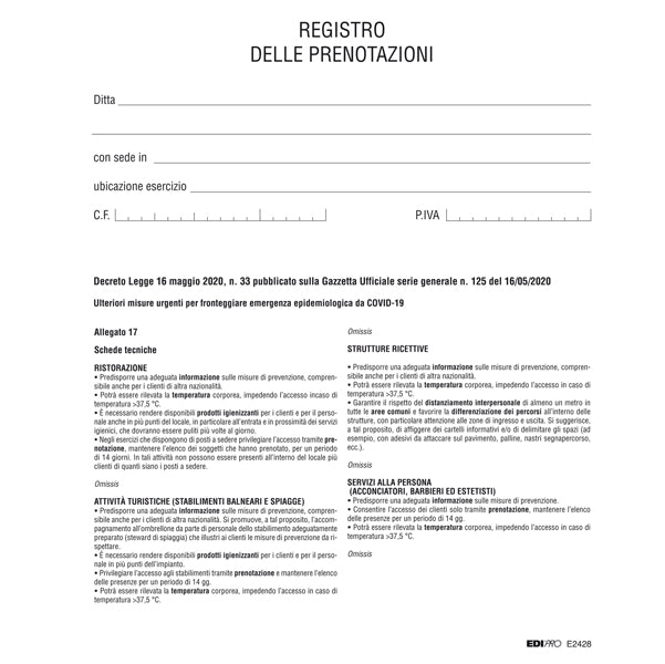 EDIPRO - E2428 - Registro delle prenotazioni - 32 pag - Edipro