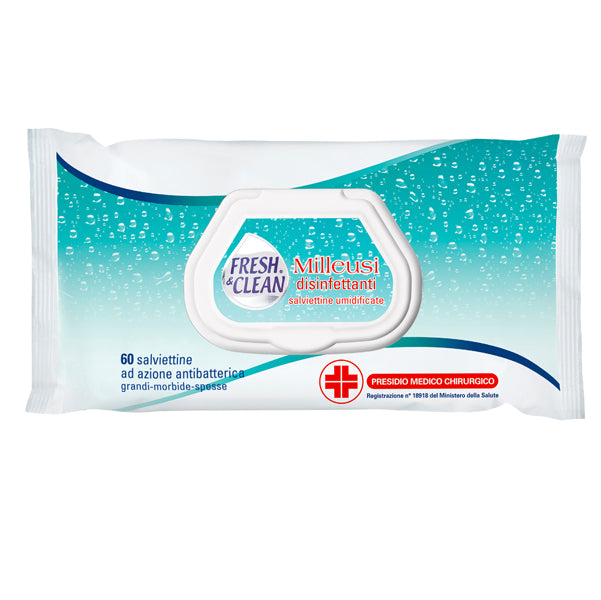 Fresh&Clean - 06-0244 - Salviette disinfettanti antibatteriche milleusi - FreshClean - busta da 60 pezzi