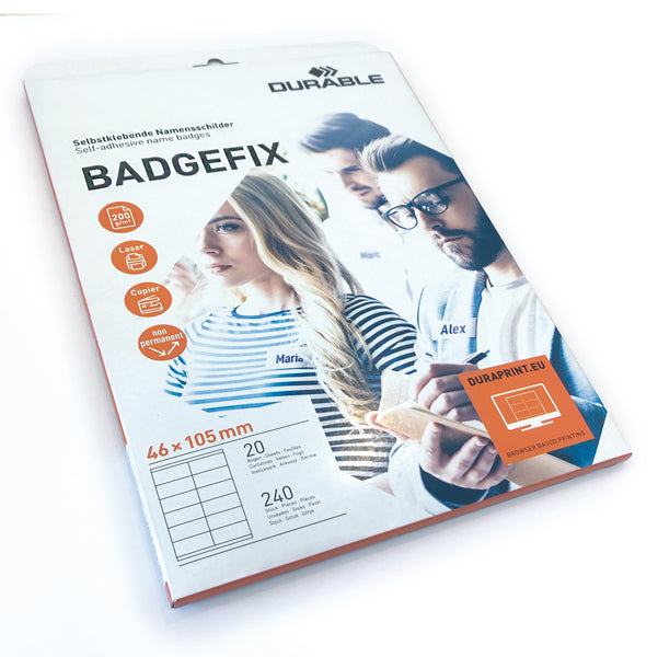 DURABLE - 8363-02 - Badge adesivi Badgefix - 20 fogli con 12 badge 46x105 mm - Durable