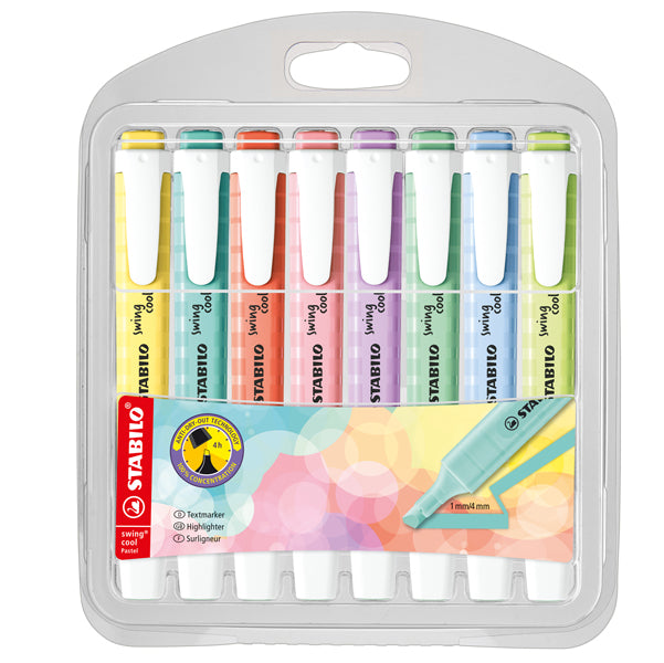 STABILO - 275-8-08-1 - Evidenziatore Swing Cool Pastel - punta a scalpello - tratto 1 - 4 mm - colori assortiti - Stabilo - astuccio 8 pezzi