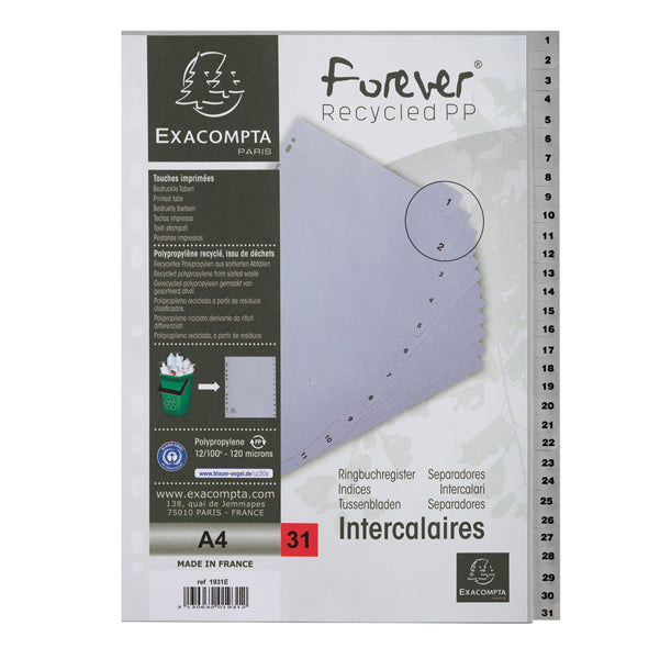 EXACOMPTA - 1931E - Intercalare numerico - 31 tasti - A4 - PPL riciclato - grigio - Exacompta