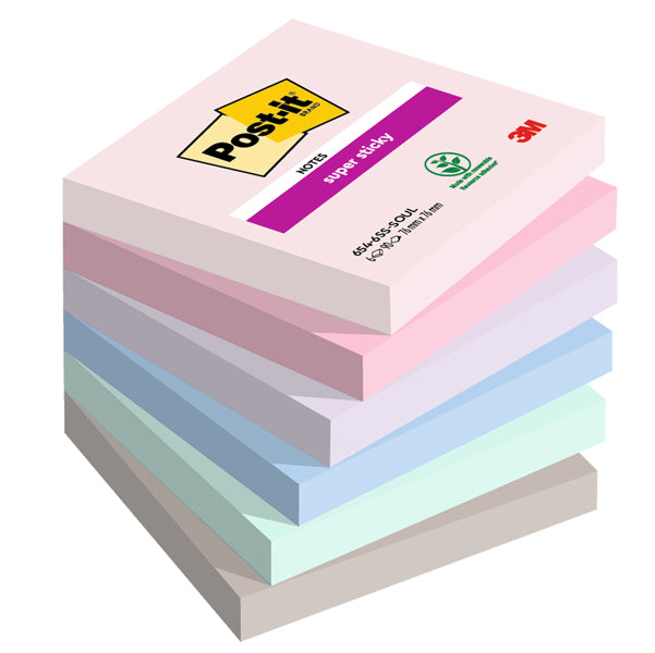 POST-IT - 7100259204 - Blocco Post it Super Sticky - 654-6SS-SOUL - 76 x 76 mm - colori Soulful - 90 fogli - Post it - conf. 6 pezzi
