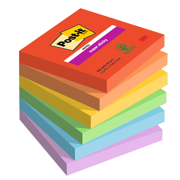 POST-IT - 7100258795 - Blocco Post it Super Sticky - 654-6SS-PLAY - 76 x 76 mm - colori Playful - 90 fogli - Post it - conf. 6 pezzi