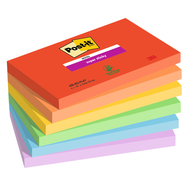 POST-IT - 7100258796 - Blocco Post it Super Sticky - 655-6SS-PLAY - 76 x 127 mm - colori Playful - 90 fogli - Post it - conf. 6 pezzi
