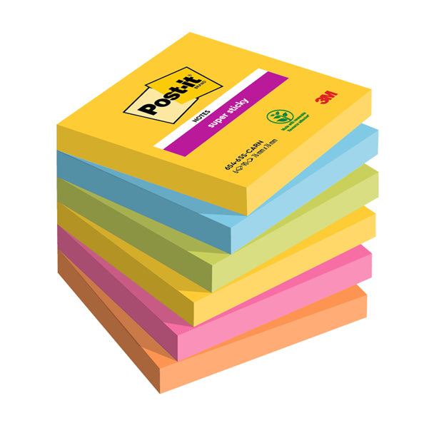POST-IT - 7100265522 - Blocco Post it Super Sticky - 654-6SS-CARN - 76 x 76 mm - colori Carnival - 90 fogli - Post it - conf- 6 pezzi