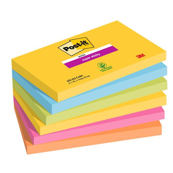 POST-IT - 7100242804 - Blocco Post it Super Sticky - 655-6SS-CARN - 76 x 127 mm - colori Carnival - 90 fogli - Post it - conf. 6 pezzi