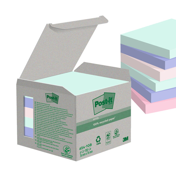 POST-IT - 7100259123 - Blocco Post it Green - 654-1GB - 76 x 76 mm - natural - 100 fogli - Post it - conf. 6 pezzi