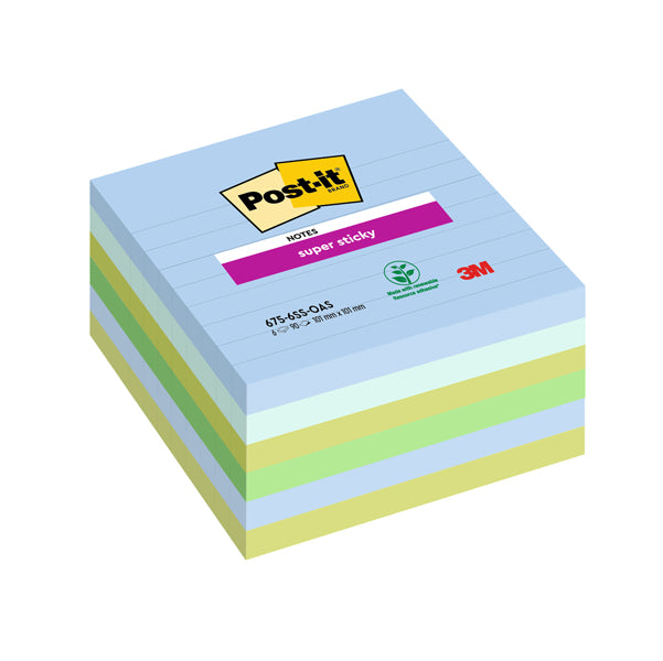 POST-IT - 7100259320 - Blocco Post it Super Sticky - 675-6SS-OAS - a righe - 100 x 100 mm - colori Oasis - 90 fogli - Post it - conf. 6 pezzi