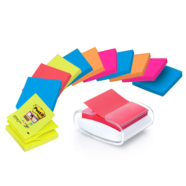 POST-IT - 7100039361 - Dispenser Pro Post-it Super Sticky Z Notes - PRO-W-12SSCOL-R330 - 76 x 76 mm - colori assortiti - 12 ricariche di foglietti incluse