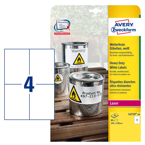 AVERY - L4719-20 - Etichette adesive L4719 - permanenti - per stampanti laser - 105 x 148 mm - 4 et-fg - 20 fogli A4 - poliestere - bianco - Avery