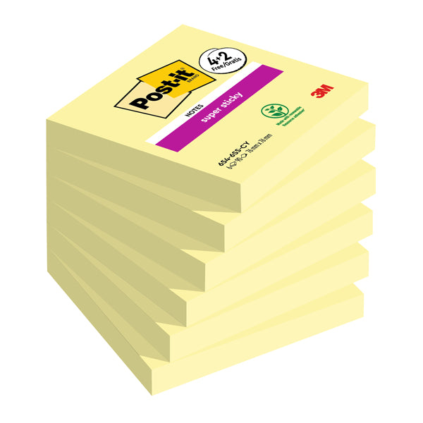POST-IT - 7100259321 - Blocco foglietti Post it Super Sticky - 76 x 76 mm - 90 fogli - giallo canary - Post it - conf. 6 blocchi - 98958 - Conf. da 1 Pz.