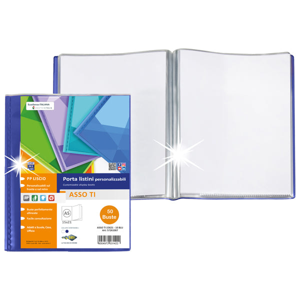 SEI ROTA - 57265007 - Portalistini Asso TI - personalizzabile - PP liscio - 15 x 21 cm - 50 buste - blu - Sei Rota