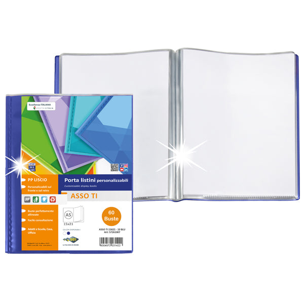 SEI ROTA - 57266007 - Portalistini Asso TI - personalizzabile - PP liscio - 15 x 21 cm - 60 buste - blu - Sei Rota