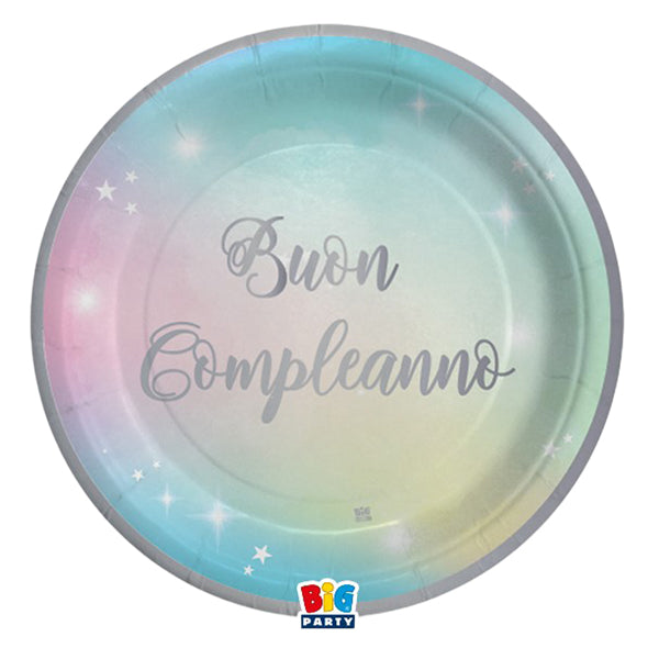 BIG PARTY - 74291 - Piatto Soft Rainbow - Buon Compleanno - diametro 24 cm - carta - Big Party - conf. 8 pezzi