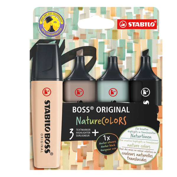 STABILO - 70-4-2-5 - Evidenziatore Boss Original NatureColors - punta a scalpello - tratto 2 - 5 mm - colori assortiti - Stabilo - astuccio 4 pezzi - 99517 - Conf. da 1 Pz.
