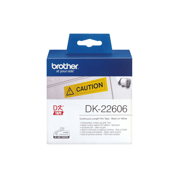 DK22606 - Brother - Nastro adesivo - Nero/Giallo - 62mm x 15,24mt - DK22606<br\> Altre Informazioni: <br\>Nastro ades in pellicola Nero/Giallo 62mm - 15.24 metri lunghezza - BROTHER Conf. da 1 Pz.