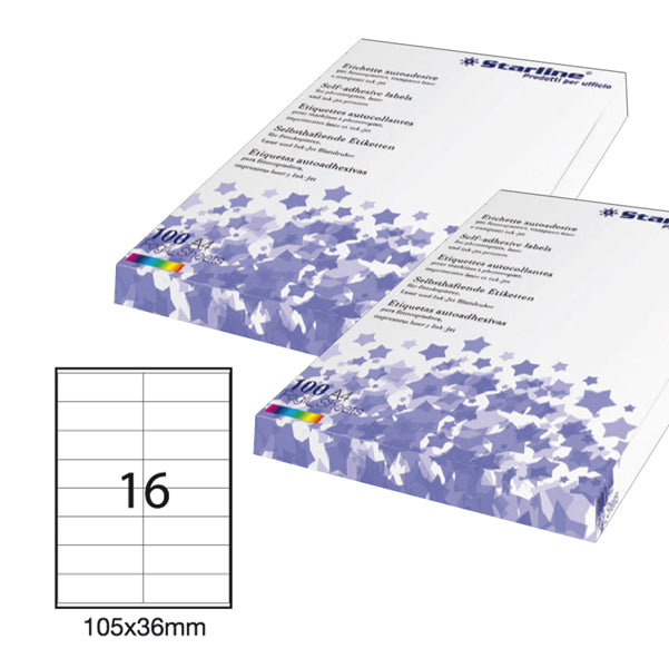STARLINE - STL3027 - Etichette adesive - permanenti - 105 x 36 mm - 16 et-fg - 100 fogli A4 - bianco - Starline