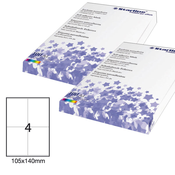 STARLINE - STL3036 - Etichette adesive - permanenti - 105 x 140 mm - 4 et-fg - 100 fogli A4 - bianco - Starline