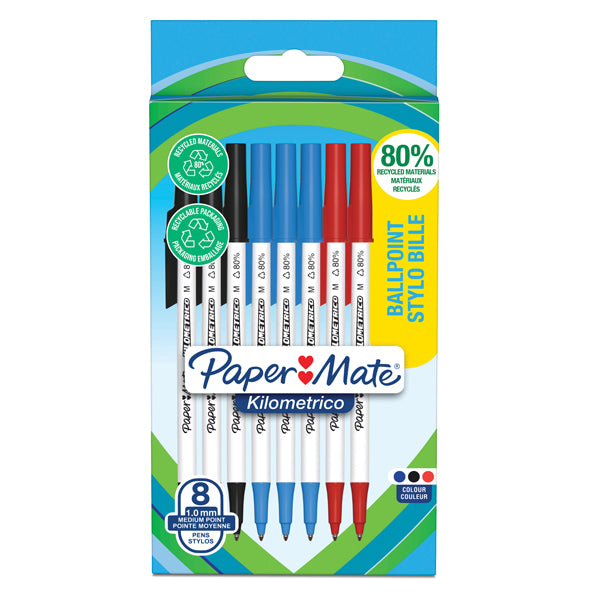 PAPERMATE - 2187680 - Penna sfera concappuccio Kilometrico Recycled - punta 1,0 mm - colori assortiti - Papermate - conf. 8 pezzi - 101523 -  Conf. da 1 Pz.