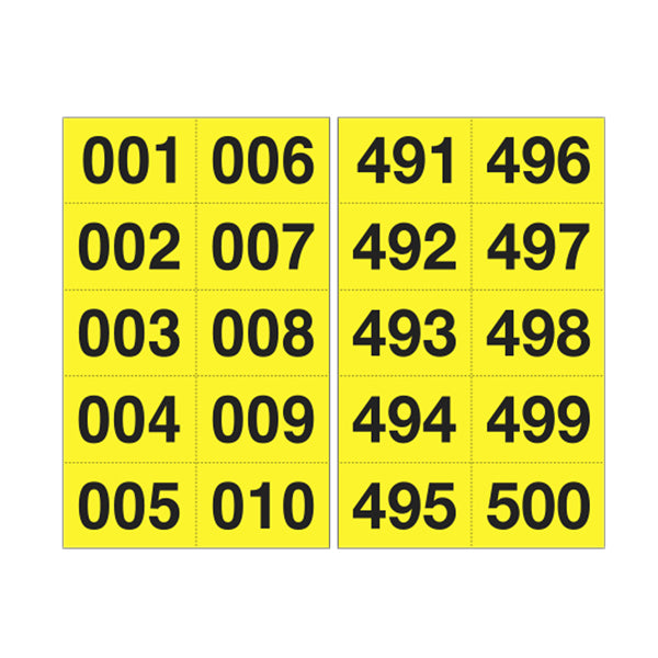 CARTELLI SEGNALATORI - 908.25 - Numero adesivo da 001 a 500 - 45 x 24 mm - 10 et-fg - 50 fogli - nero-giallo - 101842 -  Conf. da 1 Pz.
