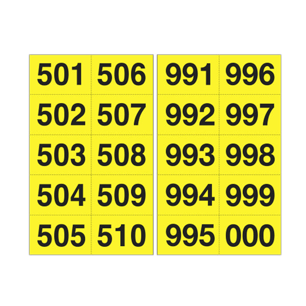 CARTELLI SEGNALATORI - 908.29 - Numero adesivo da 501 a 999 - 45 x 24 mm - 10 et-fg - 50 fogli - nero-giallo - 101843 -  Conf. da 1 Pz.