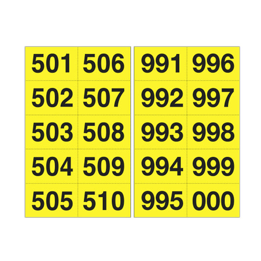 CARTELLI SEGNALATORI - 908.29 - Numero adesivo da 501 a 999 - 45 x 24 mm - 10 et-fg - 50 fogli - nero-giallo - 101843 -  Conf. da 1 Pz.
