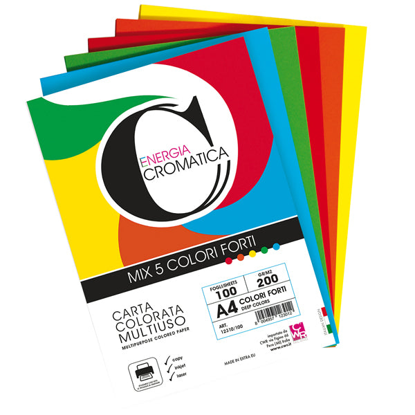 CWR - 12310-100 - Risma carta Cromatica - A4 - 200 gr - colori assortiti forti - 100 fogli - CWR - 103104 -  Conf. da 1 Pz.