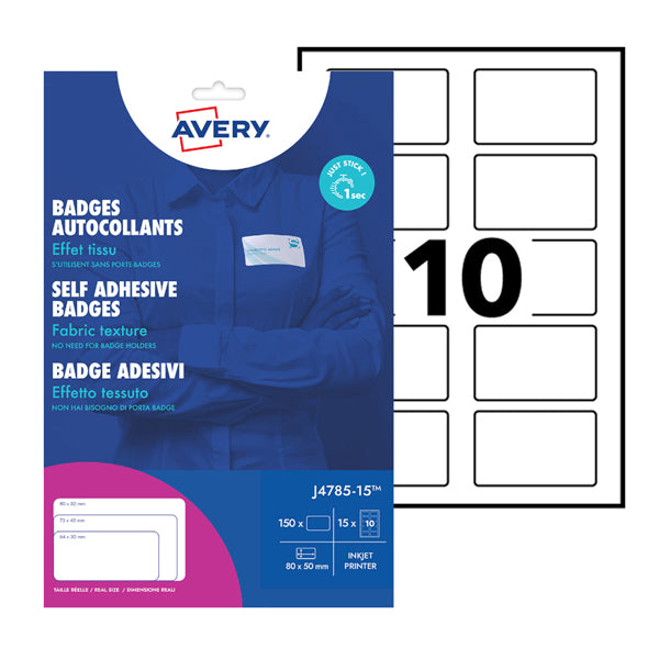 AVERY - J4785-15 - Etichette badge - in seta acetata - inkjet - rimovibili - 80 x 50 mm - 10 et-fg - 15 fogli - bianco - Avery - 103369 -  Conf. da 1 Pz.