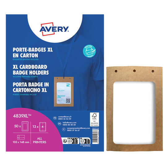 AVERY - 4839XL - Portabadge A6 - in cartoncino plastificato - laser-inkjet - 105 x 148 mm - Avery - Conf. 50 pezzi - 103371 -  Conf. da 1 Pz.