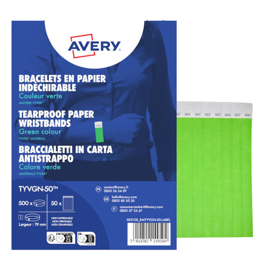 AVERY - TYVGN-50 - Braccialetti identificativi - in Tyvek - verde fluo - 265 x 19 mm - 50 fogli - 10 et-fg - Avery - Conf. 500 pezzi - 103374 -  Conf. da 1 Pz.