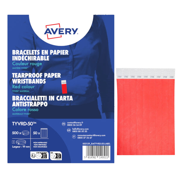 AVERY - TYVRD-50 - Braccialetti identificativi - in Tyvek - rosso fluo - 265 x 19 mm - 50 fogli - 10 et-fg - Avery - Conf. 500 pezzi - 103375 -  Conf. da 1 Pz.