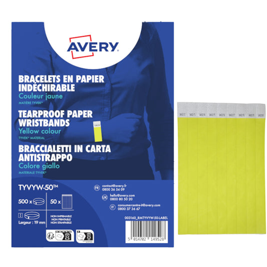 AVERY - TYVYW-50 - Braccialetti identificativi - in Tyvek - giallo fluo - 265 x 19 mm - 50 fogli - 10 et-fg - Avery - Conf. 500 pezzi - 103376 -  Conf. da 1 Pz.