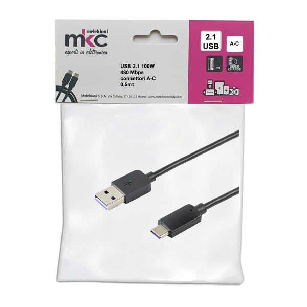 MKC - 486611200 - Cavo USB - 2.0 A-C - 100W - 480Mbps - 0,5 mt - MKC Melchioni - 103592 -  Conf. da 1 Pz.