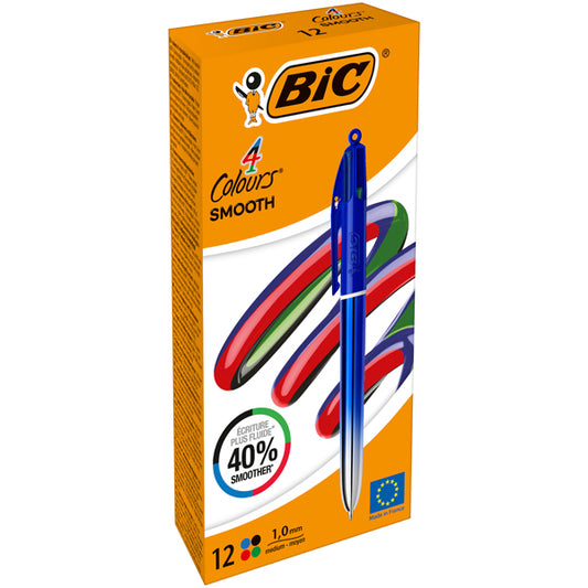 BIC - 524091 - Penna sfera a scatto 4 Colori Smooth - 1.0 mm - fusto blu - Bic - conf. 12 pezzi - 103618 -  Conf. da 1 Pz.